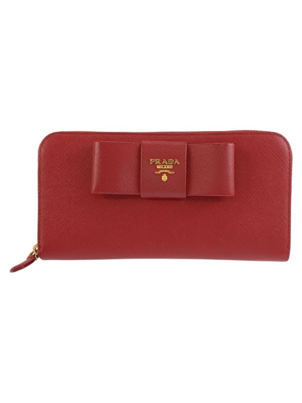 Prada Saffiano Ribbon Red Gold Leather Wallet